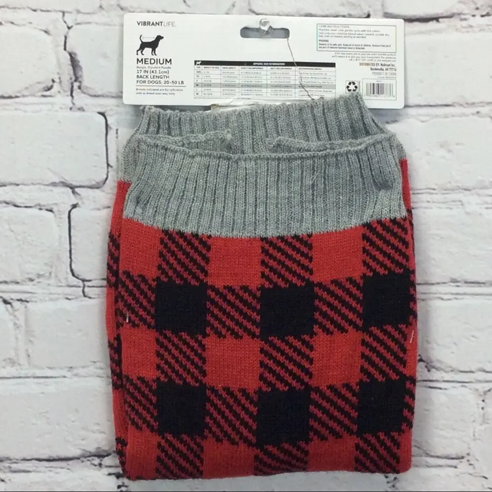 Vibrant Life Dog Sweater Size M Red/Black/Gray Buffalo Check Cozy Pet Lover Gift